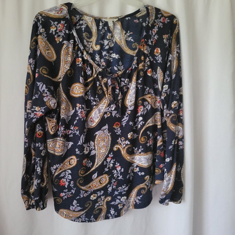 Lucky Brand BOHO Top Peasant Flowy XL blue Paisley floral Cottagecore Frilly